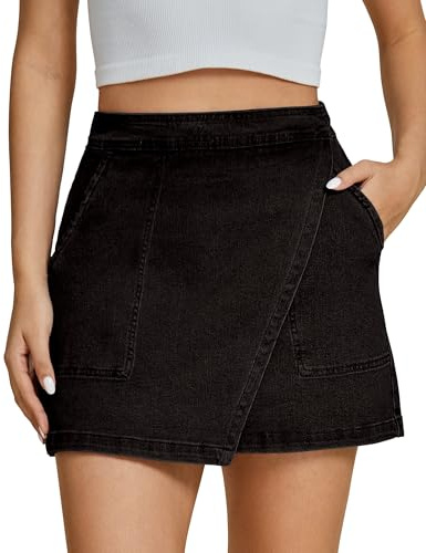 luvamia Jean Skirt Denim Mini Skirts Womens Skirts Stretch Jean Mini Wrap Casual Skirts for Women Washed Black Large US Size 12 to Size 14