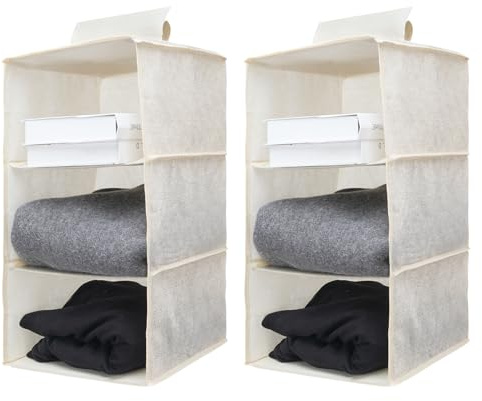 Minnhua 2 Stück Hängeaufbewahrung, Schrank Organizer Hängend mit 3 Fächern, Hängeorganizer Schrank, Hängeregal Stoff für Schlafsaal, Schlafzimmer, Wohnzimmer (Beige)