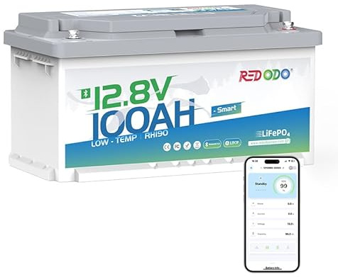 Redodo 12V 100Ah H190 Bateria Litio con Bluetooth 1280Wh Batería LiFePO4 con BMS 100A 189mm de Altura Protección de Baja Temperatura para Autocaravanas/Barco/Cabaña Off-Grid/Emergencia Doméstica