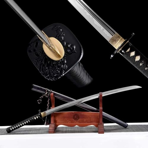 103cm handgefertigtes Katana-Schwert,Klinge aus T10-Stahl mit handgebranntem Flammenmuster,Scheide aus Massivholz mit Lack,echtes Samurai schwert für Kendo-Training,Kampfsport,Fitness,Geschenke,Iaido
