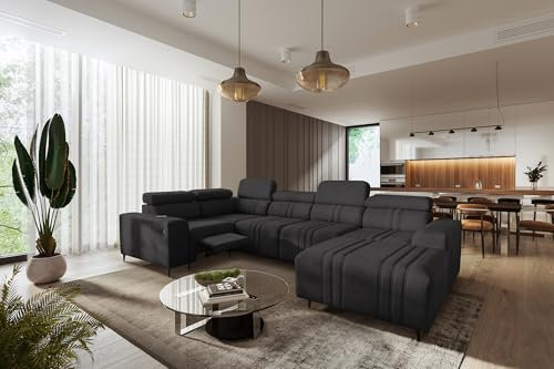 All4All Ecksofa mit Schlaffunktion Fabio IV Mix 340 cm x 202 cm - Eckcouch mit Bettkasten - Wohnlandschaft in U-Form - Modern - XXL Sofa mit Fußhocker - Seite Rechts - Anthrazit - Easy Clean Stoff 26