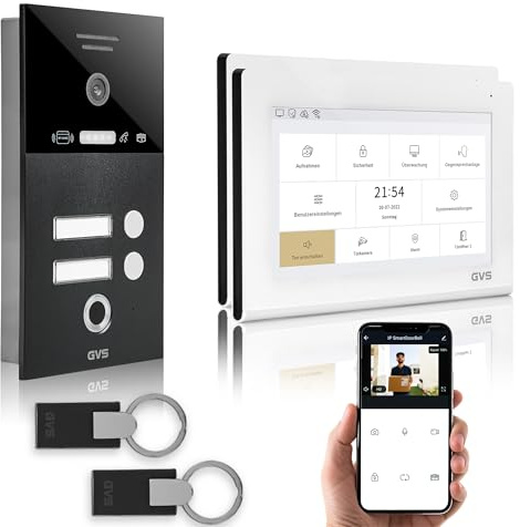 GVS Video Türsprechanlage 2-Familienhaus - RFID + Fingerprint - 2X 7 Zoll | Smarte Video Türklingel mit Kamera und Monitor & App - Gegensprechanlage mit Türöffner, RFID & Fingerprint (AVS4483U)