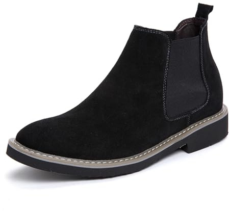 FLIOZY Herr och dam höjd upphöjda Chelsea stövlar – 6 cm osynlig klack, mocka slip-on Elevator stövletter, bekväma eleganta skor för fritid och kontor, svart, 42 EU