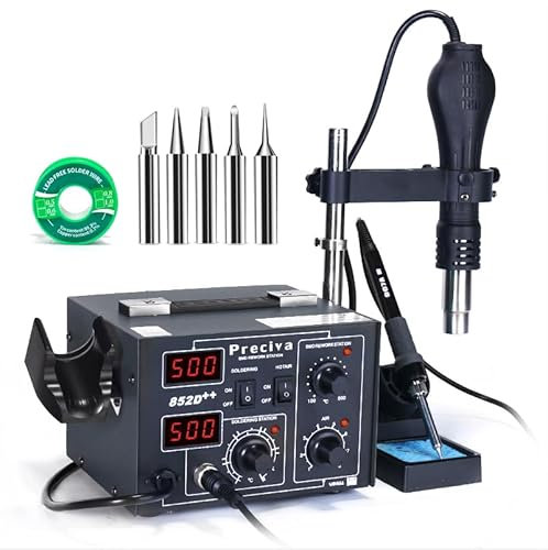Heißluft Lötstation, Preciva 852D++ Digitale Lötstation mit Doppel Display Höhenverstellung für Heißluftpistole, 2-in-1 SMD Rework Station 100-500°C für Reparaturen und Modellbau