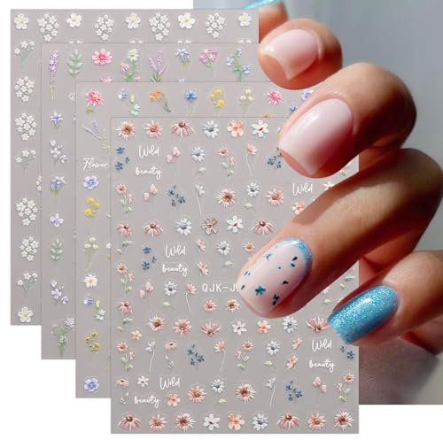JMEOWIO 3D Nagelsticker Blumen Nail Art Sticker Selbstklebend Nagelaufkleber 5D Stereoskopisch Frühling Sommer Blumen Dekoration Nageldesign Zubehör 4 Blatt