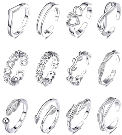 TPZORJX 12 Stück zehenringe,zehenring silber,zehenring silber 925 damen,Zehenringe aus 925er Sterlingsilber für Damen, offene, verstellbare Bandringe, toe ring,fußring,Schmuckset