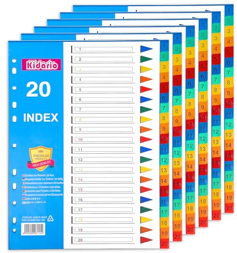Thboxes File Dividers A4, 6 Pack 20 Part Folder Dividers 1-20 Coloured | 11-Hole Punched, Waterproof Rainbow Plastic A4 Dividers for Lever Arch Files Ring Binders Office School Index Dividers