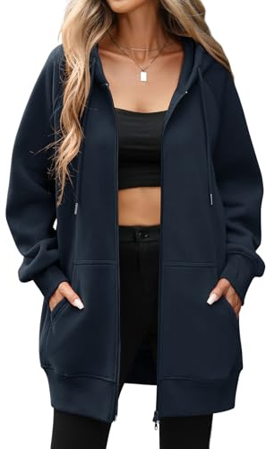 Vancavoo Sweats à Capuche Femme Zippé Polaire Veste Long Sweatshirt Manches Longues Automne Hiver Outerwear Printemps Manteau avec Poches,Bleu Marine,XXL