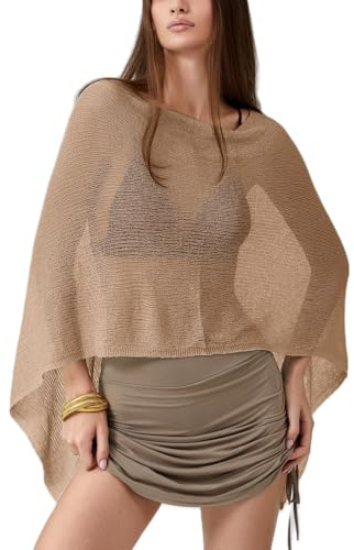 Women Sheer Knit Poncho Y2k See Through Shrug Crochet Mesh Cover Up Lightweight Asymmetrical Beach Shawl Cape Top (brown, ONE SIZE)