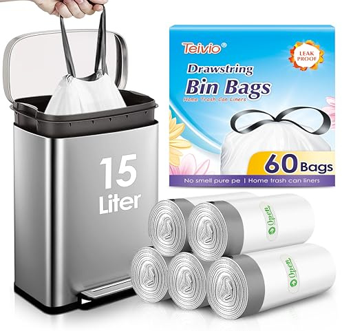 Teivio 15 Liter Small Bin Liners with Tie Tap, 60 Counts Strong Drawstring Pedal Bin Bags Fit 10-15L Trash Can, Waste Paper Bin Bags for Home Office Kitchen Bathroom Bedroom, White Toilet Rubbish Bag