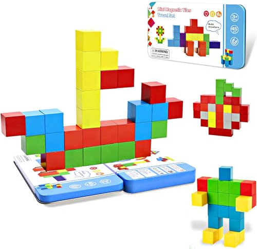 Set da Viaggio con Mini Blocchi Magnetici-45 Pezzi Cubi Magnetici Blocchi Magnetici per i Bambini Magnete Blocchi di Costruzione Numero Prescolare STAMINALI Educativi Costruzione Giocattoli Regalo 3+