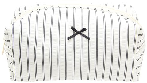 PAZIMIIK Cozy Makeup Bag Small Aesthetic Travel Zipper Cosmetic Pouch for Women Make Up Beauty Accessories Brushes, Stripe Black
