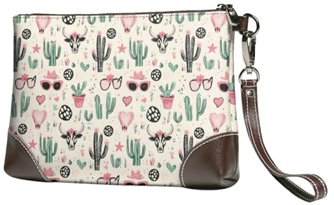 Novastar Small Clutch Purses for Women - Western Cactus 1 Print Leather Fashion Wristlet Wallets with Wrist Strap