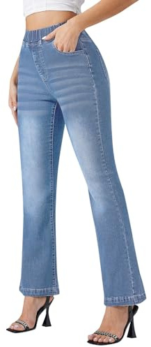 Womens Jeans Pull On Petite Short Leg Stretch Pants Straight Mom Jeans Denim Trousers High Waisted Ladies Plus Size Baggy Boot Cut Wide Leg Blue