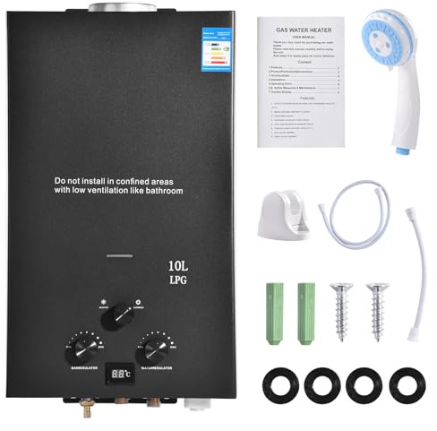 Chauffe-eau instantané au gaz propane - 10 l - Super faible pression de l'eau de démarrage de 0,5 bar - Pour douche et utilisation quotidienne - Excursions de camping - Noir