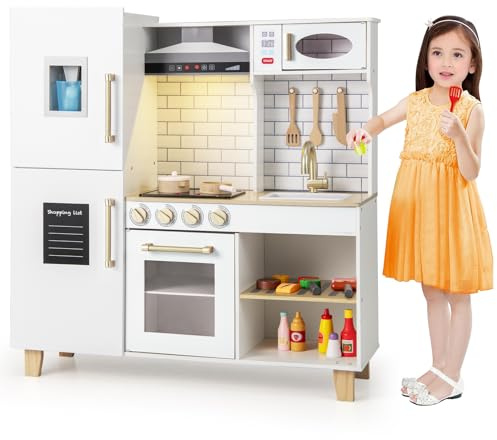 COSTWAY Cucina Giocattolo con Cappa e Fornelli a Suoni e Luci, Cucina per Bambini in Legno con Fabbricatore di Ghiaccio, Microonde, Griglia BBQ e Lavagna, per Bambini 3+ Anni (Bianco)