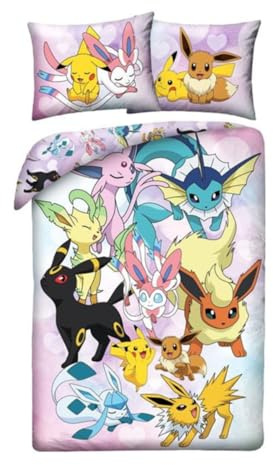 POKEMON Pikachu EEVEE EVOLUTION Sängkläder 140 x 200 cm + örngott 70 x 90 cm – vändbar – 100 % polyester – flerfärgad