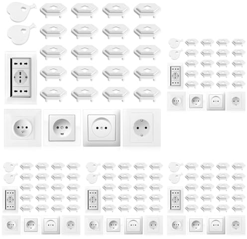 Vinabo 20PCS copri prese corrente bambini con 2 chiavi, Copri presa elettrica universale per sicurezza bambini, Protezione presa elettrica per bambini per uso domestico (Bianco) (Confezione da 5)