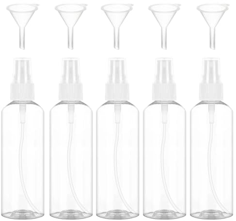Weilin 5 Sets 100ml Spray Bottles, Travel Small Refillable Spray Bottle 100ml for Toiletries, Leak-Proof Small Fine Mist Sprayer with 5 Pcs Funnel for Home & Travel Cleaning, Watering Flowers