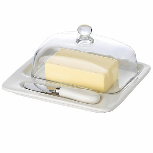 3-in-1 Ceramic Butter Dish with Glass Lid & Butter Knife-White | Large 250g Block Butter Container for Countertop, Keep Butter Fresh, Dishwasher & Microwave Safe