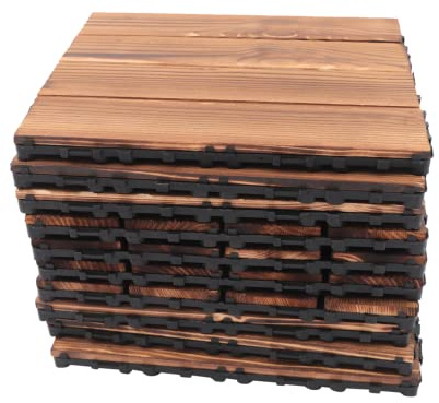 Lot de 36 dalles en bois carbonisé - Bois d'acacia massif naturel - Dalles de surface avec palette en plastique et assemblage à clipser - Sol en bois de mélèze massif et teck - Pour terrasse, jardin