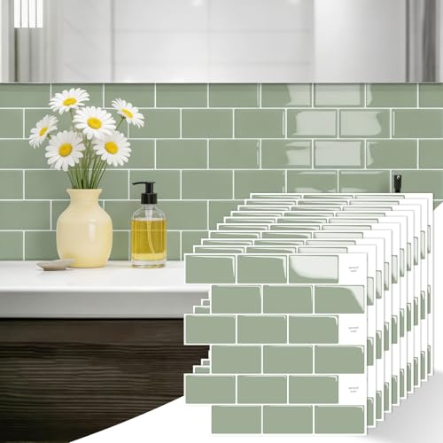 Self Adhesive Wall Tiles, 3D Peel and Stick, 10-Sheet 12x12, Light Green | Splashback Metro Subway Stick on Tiles for Home Kitchen, Bathroom, Living Room, 3D Backsplash Decor Panel, Easy DIY