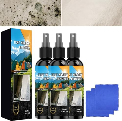 Spray Quitamanchas y Moho para Tiendas de Campaña, Elimina Amarillamiento para Lona Oxford Poliéster Nailon, Kit 100ml con Toalla Microfibra Suave Sin Dañar Tejidos，3pcs