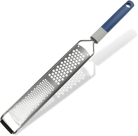 Tasty Hand Grater with Fine & Coarse Surface, Hand Cheese Grater & Lemon Zester with Non-Slip Base & Stainless Steel Grating Surfaces, Dimensions: 38.5x5x2cm, Colours: Dark Blue & Grey
