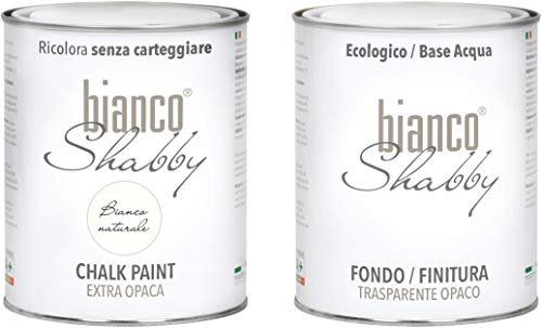 bianco Shabby® Natur Weiße Kreidefarbe und Decklack für Möbel - 1 Liter Holzfarbe in Matt Natur Weiß & 1 Liter Versiegelung - Möbelfarbe für Außenbereich - Holzlack Möbellack Farbe