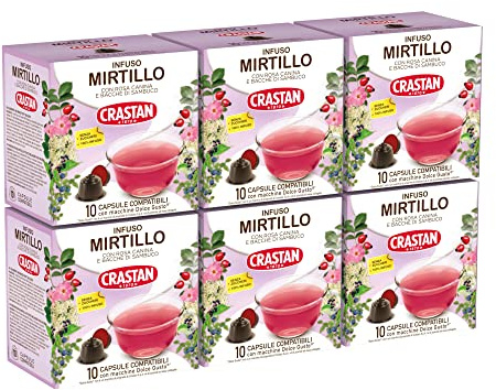 CRASTAN 1870 - Capsule Compatibili Dolce Gusto - Infuso al Mirtillo con Rosa Canina e Bacche di Sambuco - 6 Box da 10 Capsule - Senza Zuccheri Aggiunti - Aromi Naturali - Senza Glutine