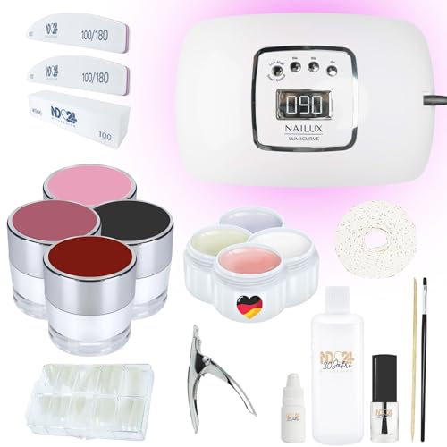Gelnägel Set - Amarena Cherry Nägel Selber Machen Starterset mit Shellac - All-in-One Nails Set mit Haftgel, Aufbaugel, Frenchgel, Versiegelungsgel, UV-Lampe - Polygel Starter Set