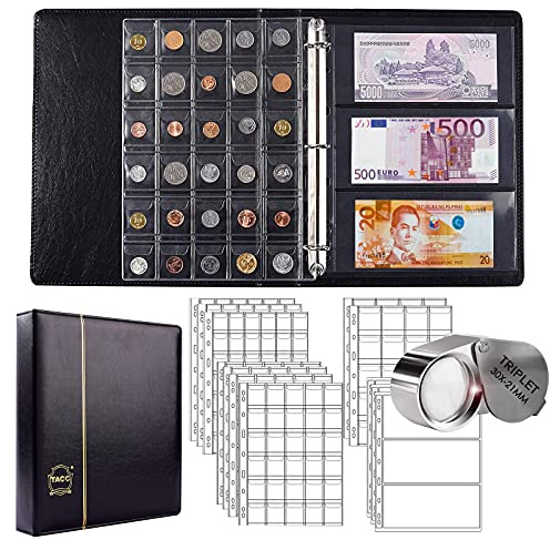 295 Stück 2-in-1 Münzsammelbuch-Set, Münzsammlungsbedarf, Münzhalter für Sammler, 3 Größe Münztaschen und 9 Taschen Papier Geld Aufbewahrungsbuch Vatertag Geschenk (schwarz)