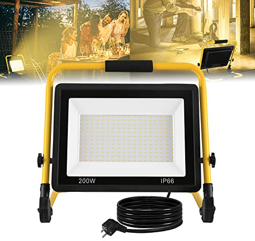 ACXIN Proyector LED para obras de construcción - Lámpara de trabajo para decoración de interiores, obras de construcción, taller, jardín o garaje - Impermeable IP66 - Blanco cálido - 200 W - 16000 lm