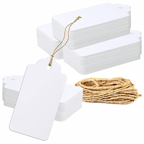 150 Stk. Geschenkanhänger aus Kraftpapier, Weiß Geschenkanhänger mit 30 Meter natürlicher Juteschnur für Bastelverpackungen (10 cm x 5 cm)