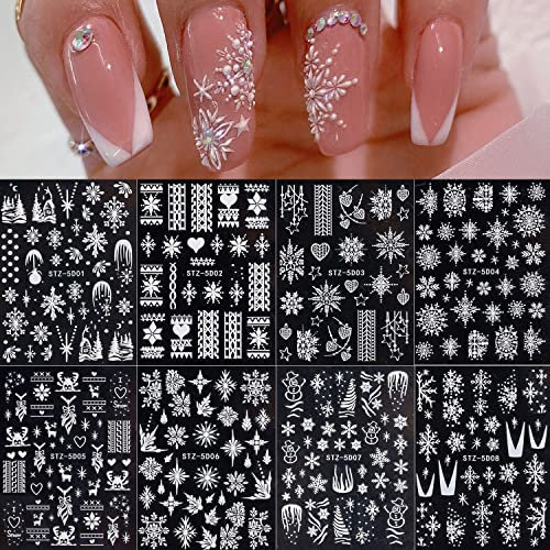 JMEOWIO Nagelsticker Weihnachten 5D Stereoskopische geprägte Aufkleber Decals 5D Selbstklebende Schneeflocke Schneemann Weihnachtenmann Muster DIY Design Nageldekoration Frauen Mädchen(8 Blatt)