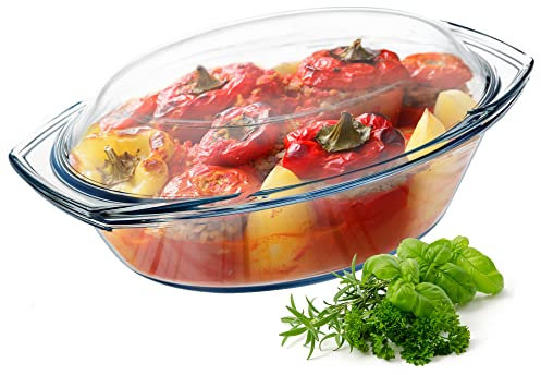 KADAX Fuente de horno, Cacerola con Tapa, Fuente de Cristal para asar, Lasaña, con Mangos, Bandeja de Cocina de Vidrio, transparente Aptas para Nevera y Congelador (ovalado, 2,9 L)