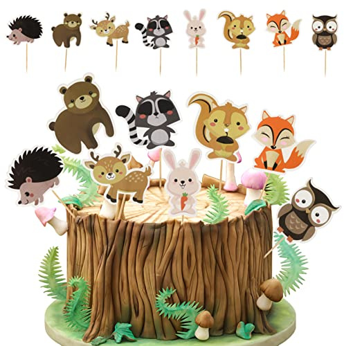 Amosfun 24pcs Woodland Animals Creatures Cupcake Toppers Forest Animals Friends Cake Toppers Picks for Woodland Theme Baby Shower Birthday Party Supplies