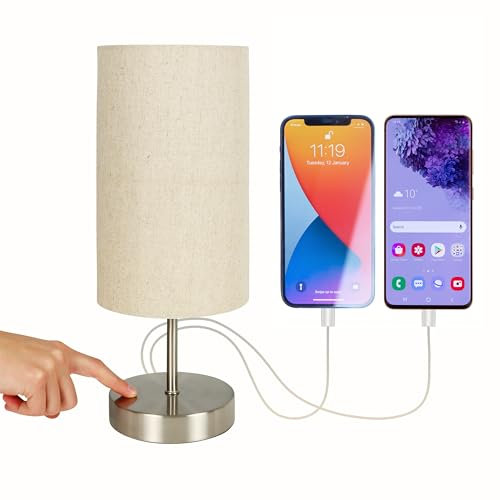 Caza bedside lamps, touch lamps bedside with 2 USB charging ports, a bedside lamp with USB & USB C, Bedside Table Lamp with Fabric Shade for Bedroom, Living Room, Lounge, Office, LED Bulb Included