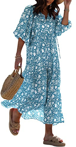 miduo Vestido Largo de Verano con Cuello en V y Media Manga con patrón geométrico Bohemio para Mujer, A Blue 10, X-Large