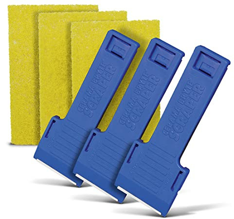 Cerama Bryte 3 x Scraper & 3 x Pad Kit Cooktop and Stove Top Cleaner for Glass - Ceramic Surfaces, 6 Piece Set