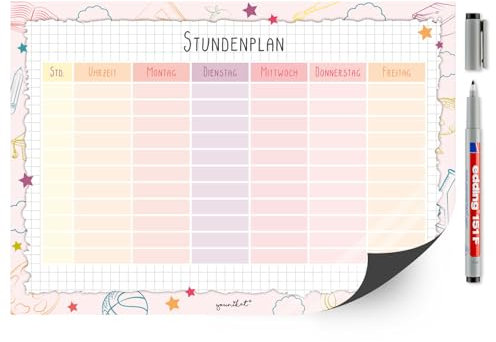 Stundenplan in rosa I DIN A4 Magnet-Folie (21 x 29,7 cm) I zum Schulanfang I mit kariertem Hintergrund und Doodle-Motiv für Jungs und Mädchen I zum wieder beschriften und abwischbar I dv1221