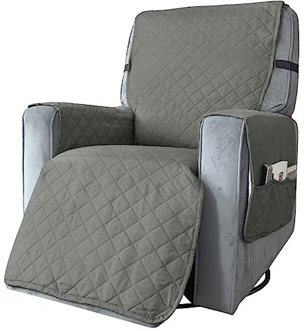 Highdi Wasserdicht Rhombus Sesselschoner für Fernsehsessel 1 Sitzer, Sesselauflage mit Armlehnen, Relaxsessel Sesselschoner mit Verstellbaren Riemen und Taschen, Lehnenschutz (Groß,Hellgrau)