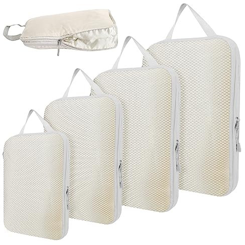 4pcs Kompression Packtaschen Set,S, M, L, XL Compression Packing Cubes,Wasserdicht kompression Packwürfel, Koffer Organizer Set für Reisen und Zuhause(Beige)