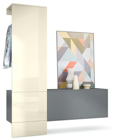 Vladon Mueble recibidor Carlton Set 4, Mueble de Entrada Compuesto por 1 Perchero, 1 Zapatero, Antracita Mate/Crema de Alto Brillo (156,5 x 193 x 35 cm)