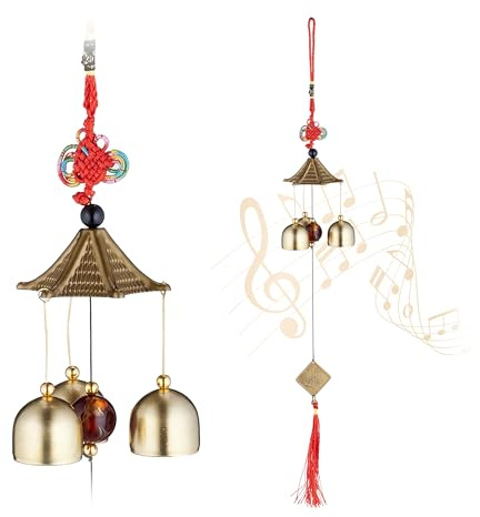 Relaxdays Windspiel 2er Set, Metall Glockenspiel, draußen & drinnen, Garten Klangspiel, hängend, Feng Shui, Gold/rot | draußen & drinnen, Garten Klangspiel, hängend, Feng Shui
