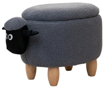SVITA Tierhocker mit Stauraum Kinderhocker Ordnungshelfer Sitzhocker Polster mit Holzbeinen Kinderzimmer Deko Sitzbox Tier-Motiv Schaf Grau
