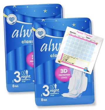 Classic Night Sanitary Pads (Size 3) 16 Pads with Wings | Extra Absorbency | 3D Protection Zones | Secure Fit | Sanitary Napkins | Pack of 2X 8