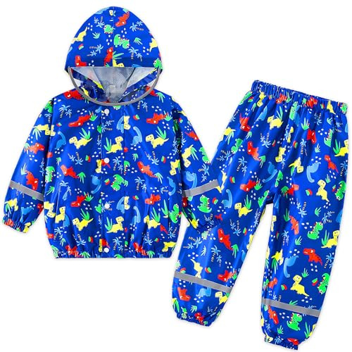 FILOWA Tuta Impermeabile Bambino Ragazzo con Cappuccio Leggero Antipioggia Completo Giacca & Pantaloni Impermeabili con Strisce Riflettenti Traspirante Tuta Pioggia Abbigliamento per Bambini 3-4 anni