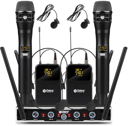 D Debra Wireless Mikrofon DU4004 UHF - 4 x 16 Kanäle, Handmikrofon, Bodypack, Headset, Lavalier für Gesang, Karaoke (2X Hand, 2X Bodypack)