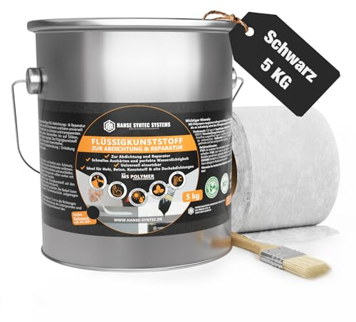 HSS Flüssigkunststoff Abdichtungsset 5 kg Schwarz mit Pinsel & Vlies | 5 kg · Schwarz · ca. 5m² · Inkl. Pinsel & Vlies · MS-Polymer · UV- & Witterungsbeständig · Ohne Lösungsmittel · Bitumenfrei